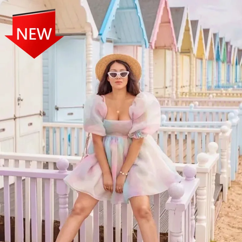 

2021 Summer New Prom Gowns A-line High Waist Cute Girls Summer Dresses Tie Dye Colorful Tulle Women Mini Dress