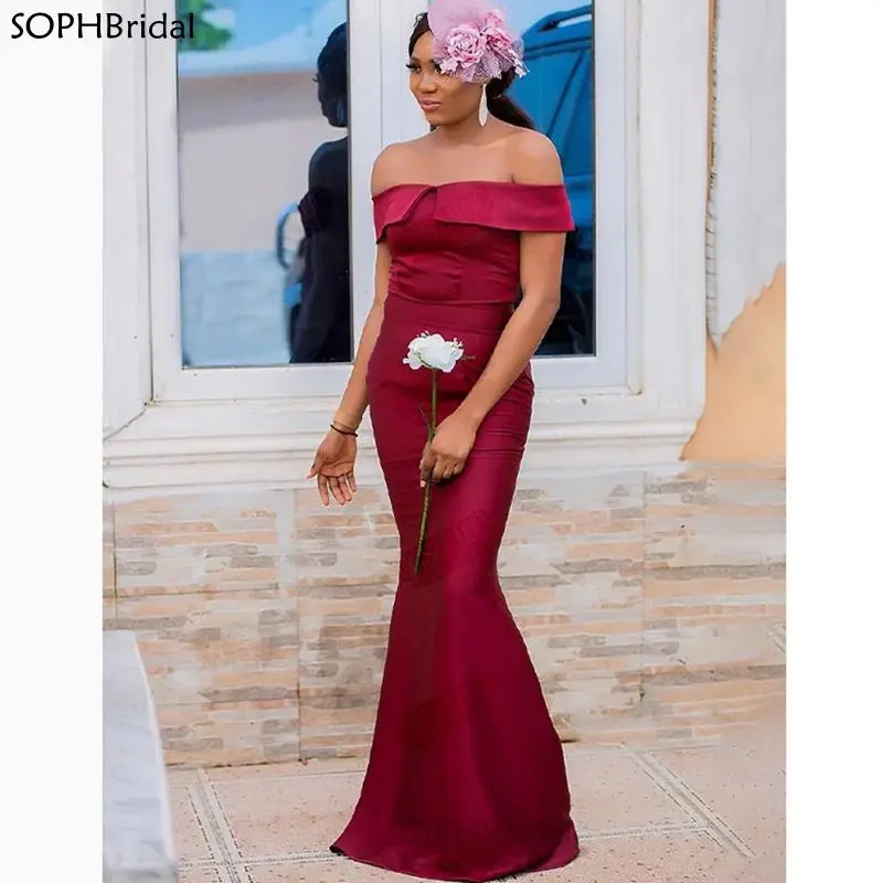 

Simple Mermaid Bridesmaid Dresses 2021 Boat Neck Burgundy Satin Floor Length Wedding Party Dress Formal Gown Vestidos Customize