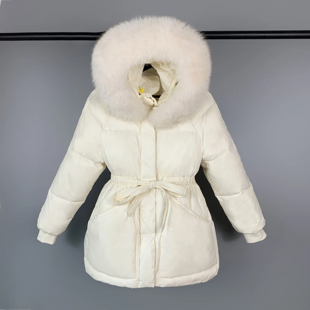 

2021 Winter Women Parkas 90% White Duck Down Jacket Large Real Raccoon Fur Collar Hooded Warm Women's Feather Coat Outwear Black