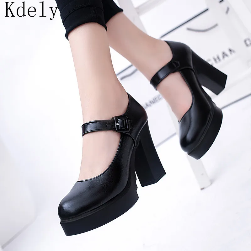 

New Arrival Women Classic Pumps Shoes Spring Summer Black Leather Mary Jane Heels Fashion Buckle Platform Shoes Woman Size 35-39