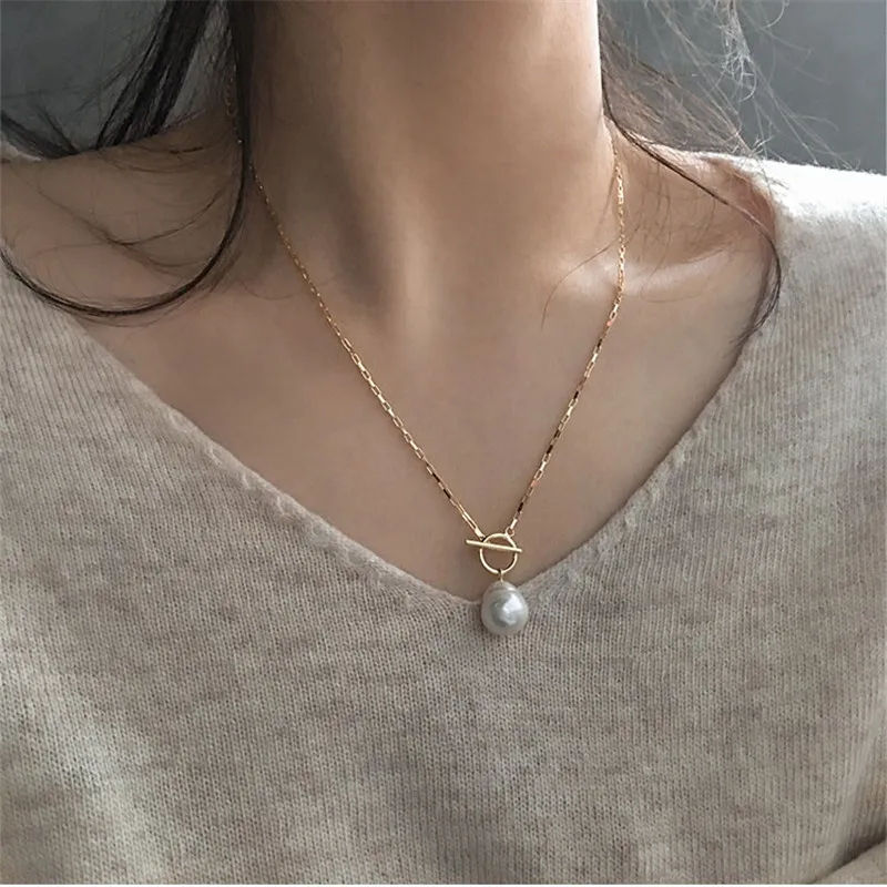 

YAOLOGE 925 Sterling Silver Necklace Long Pearl Necklace Round Buckle Clavicle Chain Female Fashion Gold-Plated Design Jewelry