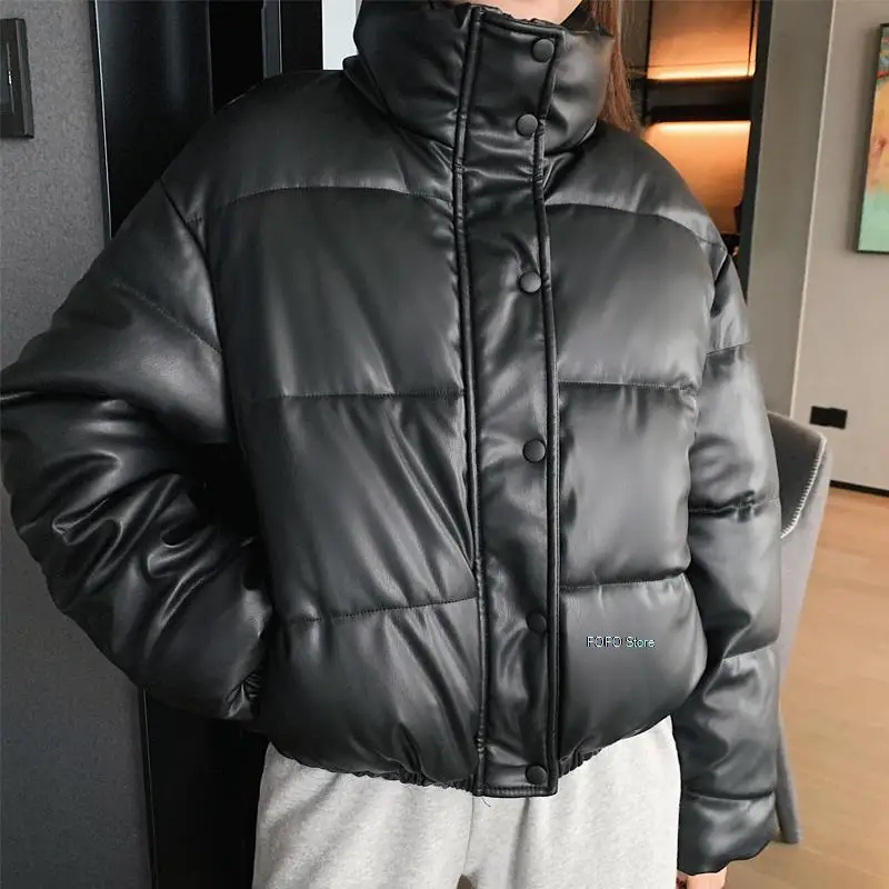 

Winter New Thick And Warm Short Parka Coat Women Fashion Black PU Leather Coat Women Elegant Zipper Cotton Jacket Women Ladies