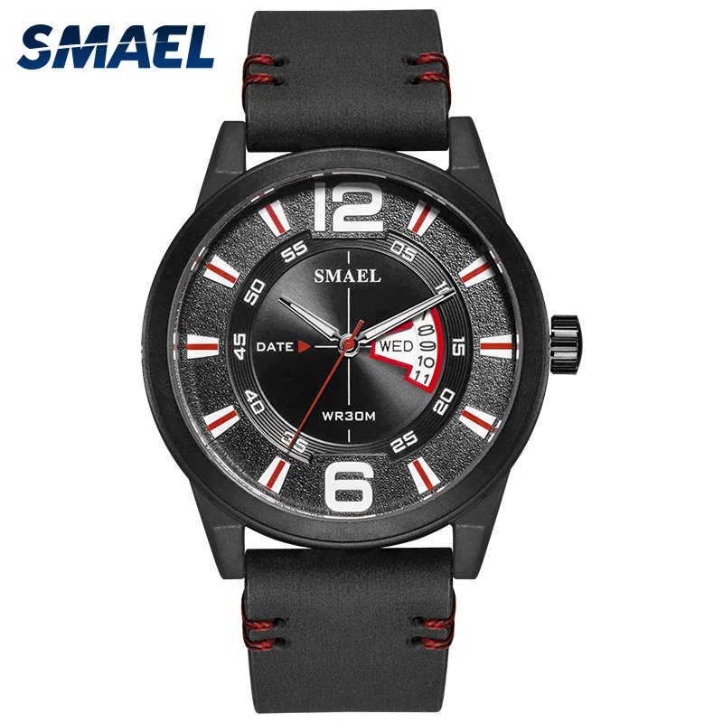 Relogio masculino мужские часы с кожаным ремешком SMAEL роскошные отображением недели и
