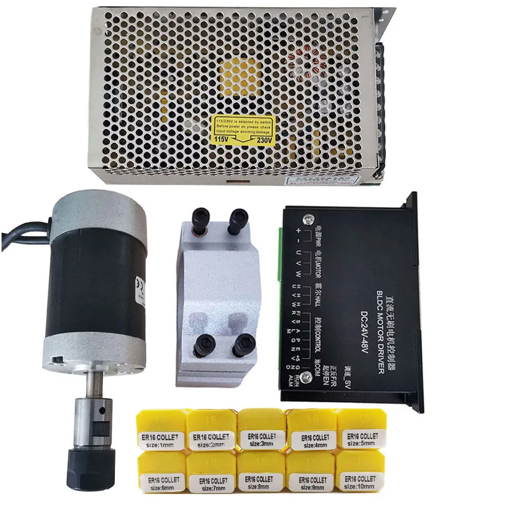 

48V 200W/0.2KW /ER16 Brushless DC Spindle Motor + 55MM Clamp with Screws + Motor Driver + 48V DC Power Supply