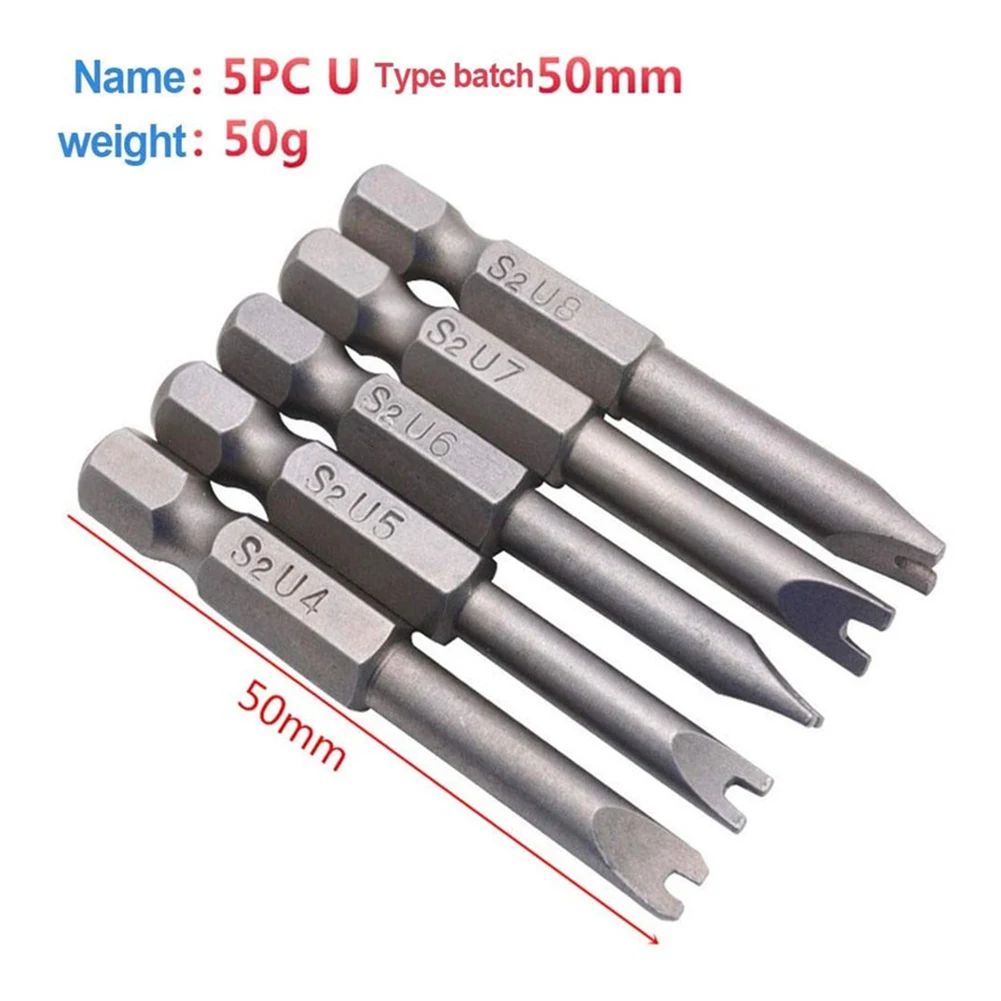 

5pcs U4 U5 U6 U7 U8 1/4 Inch Hex Magnetic U Shaped Screwdriver Bits Tools 50mm Length Hand Tool Set S2 U-shaped