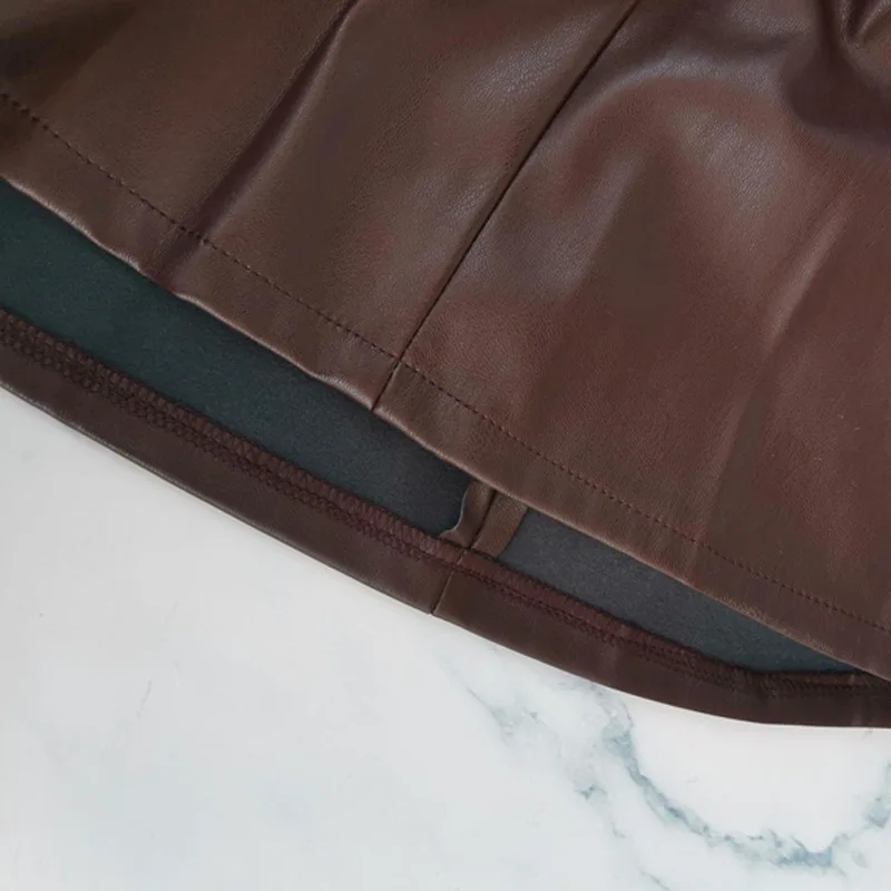 

Women High Waist Leather Skirt Autumn Winter Heavy Weight High Quality Belted Midi Skirt High Street