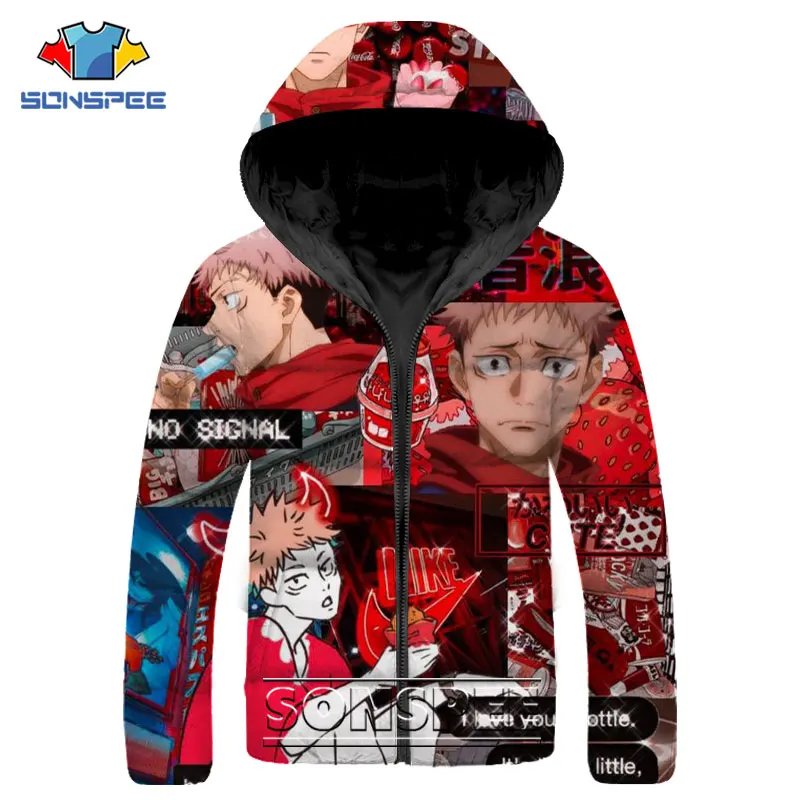 SONSPEE Anime Jujutsu Kaisen Gojo Satoru Parkas 3D Print Hip Hop Down Jacket Winter Men Women Keep Warm Streetwear Jacket Female