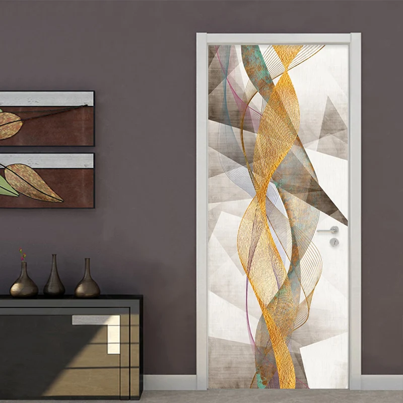 PVC Door Sticker Modern Simple Geometric Gold Lines Mural Wallpaper Living Room Bedroom Self-Adhesive Waterproof 3D Wall Sticker