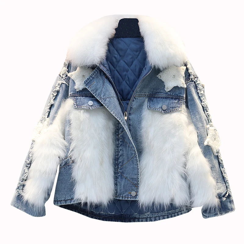 

2020 Parkas Ladies Demin Jackets Short Patchwork Five Pointed Stars with Rivet Furry Collar Real Fox Fur Women Winter Coat