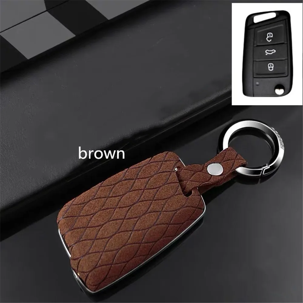 brown Брелок для ключей чехол из натуральной кожи оцинкованный сплав для Volkswagen VW Golf 7 GTI R MK7 Tiguan углеродное волокно Автомобильный ключ сумка - Название цвета: brown