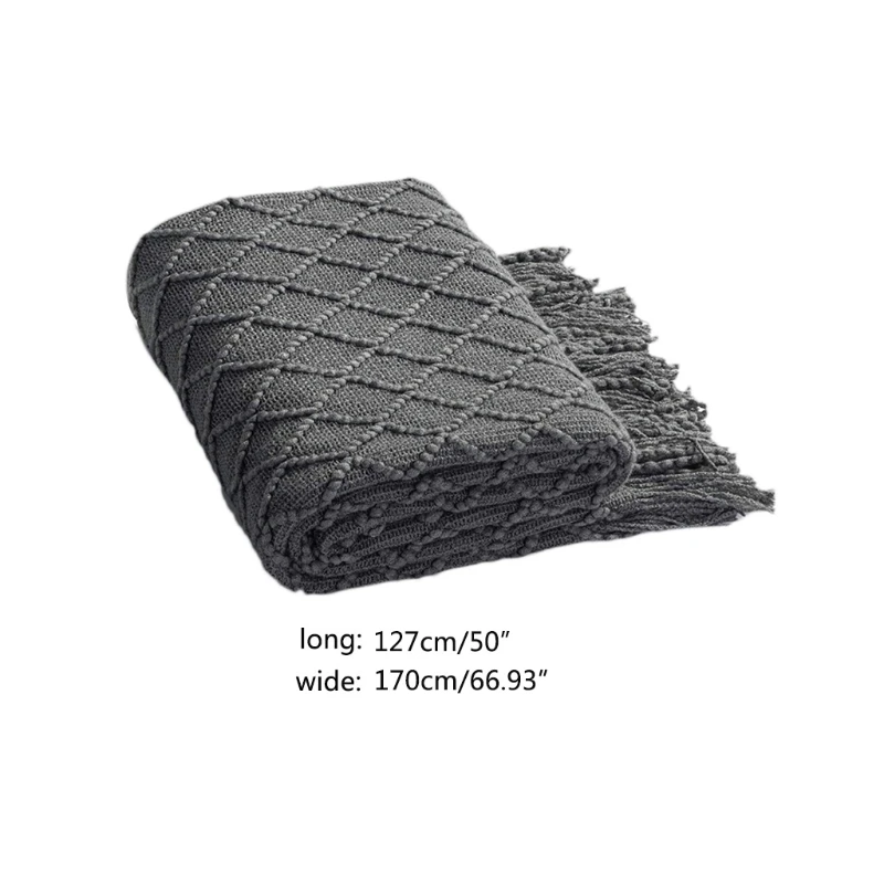 

Nordic Acrylic Knitted Sofa Throw Blanket with Tassels Rhombus Textured Shawl Warm Fluffy Woven Decorative Couch Cover