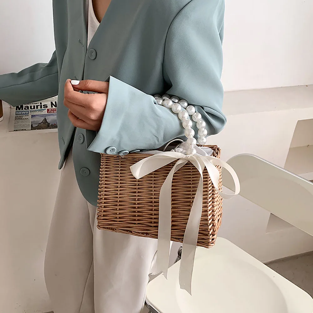 New Arrival Women Casual Vintage Rattan Handbag Quality Ladies Lace Pearl Fashion Shoulder Bag ML153