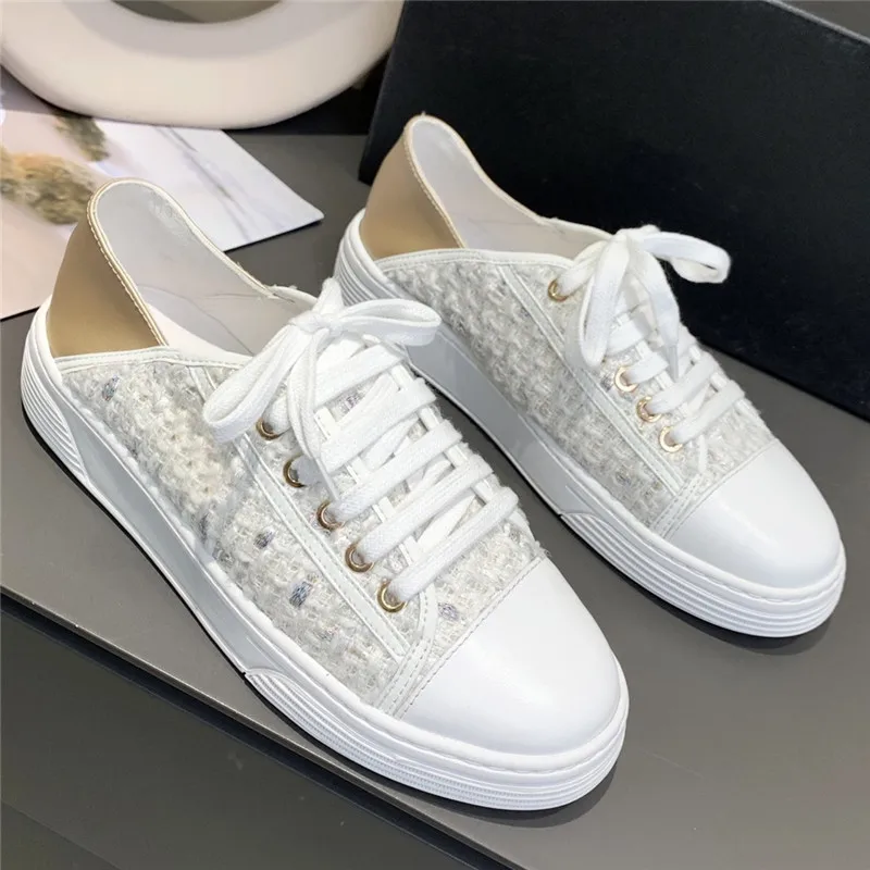 

2021 Spring Women Lace Up Sneakers Fabric Upper With Metallic Fabric Trim Flat Casual Shoes Embossed Designer Elegant Women Shoe