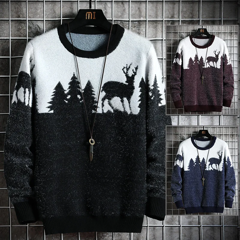 

Best Sale Men Fashion Fluff Christmas Deer Knitted Pattern Crewneck Wool Pullover Sweater