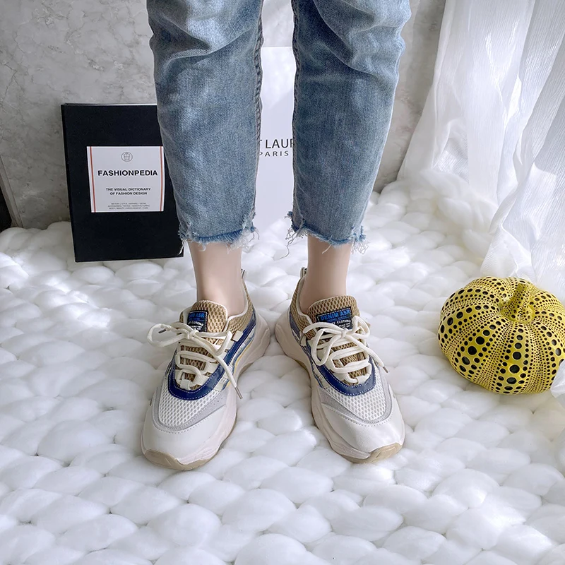 

2021 Spring Beige Women Sneakers Casual Vulcanized Platform Shoes Ladies Summer Fashion Breath Dad Shoes Woman Chunky Sneakers