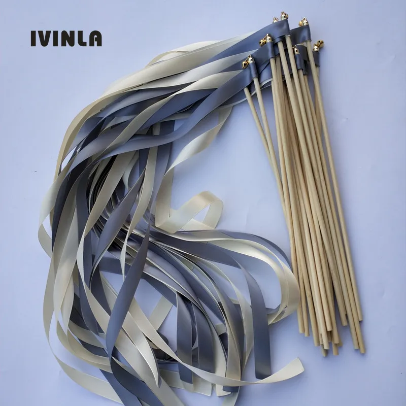 

Newest 50pcs/lot cream and grey wedding wands with sliver bell for wedding decoration