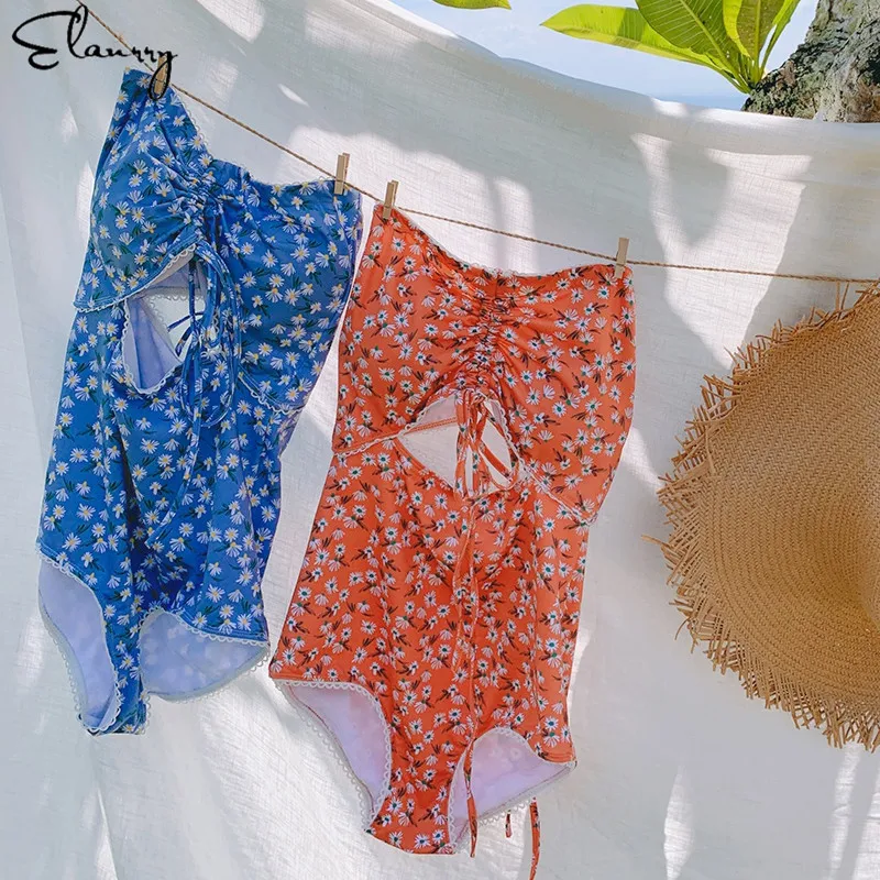 2020 Women One Piece Sexy Swimsuit Vintage Floral Print Beach Wear Padded Monokini Newest Bandage Summer Bathing Suits Ladies | Спорт и