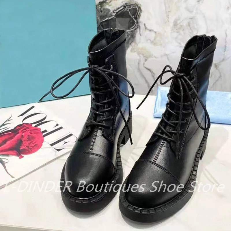 Beli Sepatu Bot Wanita Hitam Bertali L-DINDER Sepatu Bot Martin Pergelangan Kaki Ramping Platform Datar Ujung Bundar Sol Tebal Sepatu Bot Luar Ruangan Hak Tebal