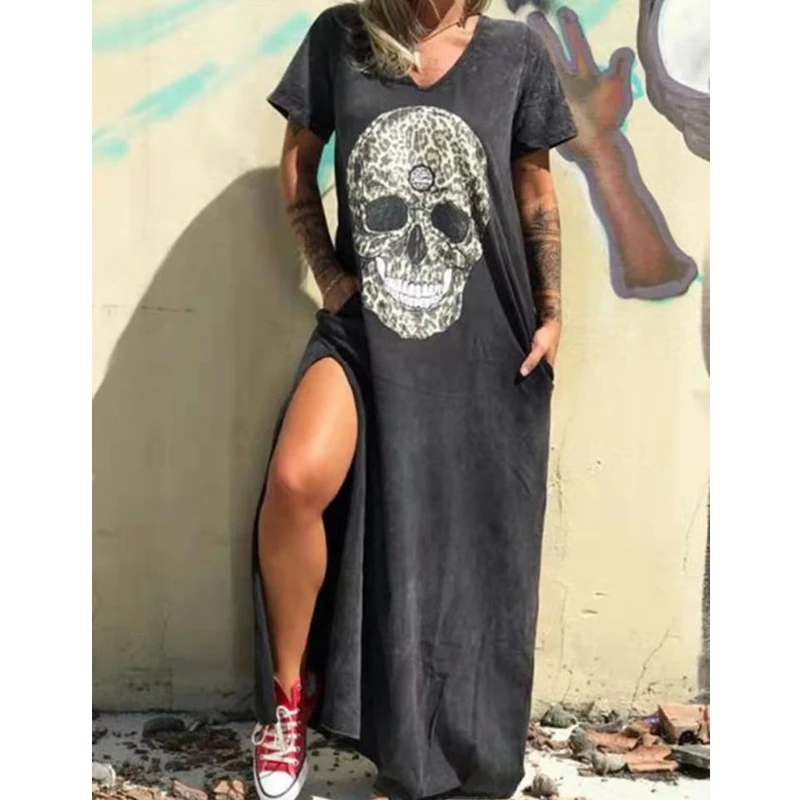 

Lugentolo Skull Dress Women Summer Fashion Plus Size Print Spaghetti Strap V-Neck Streetwear Long Dresses for Women