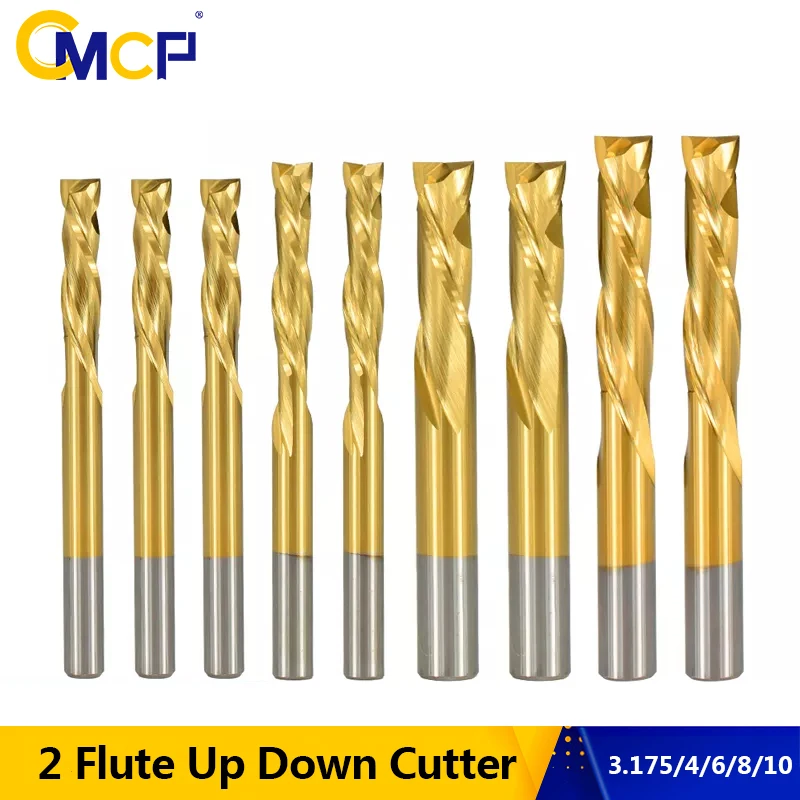 

CMCP Milling Cutter 2 Flute Up Down Cutter 3.175/4/6/8/10mm Shank Tianium Coated Carbide End Mill CNC Router Bit