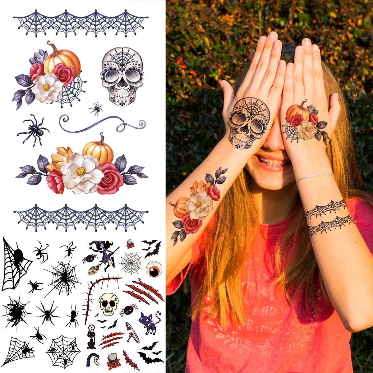 

Halloween Skull Flower Temporary Tattoos For Kids Men Women Spider Wizard Clown Fake Tattoo Stickers Unique skeleton Tatoos