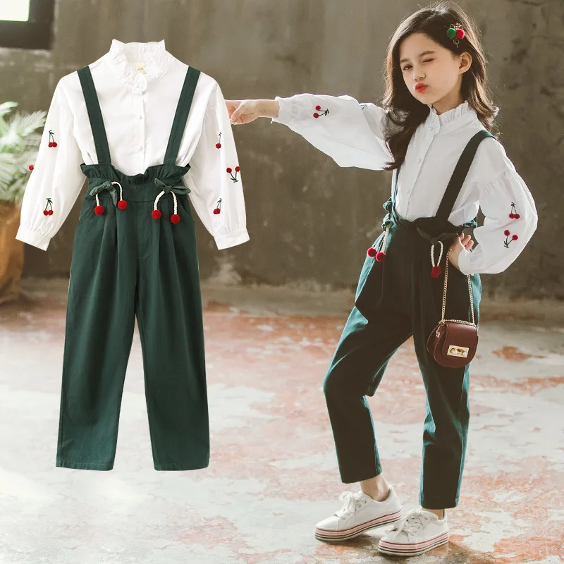 

Girls Clothing Sets 2021 Spring Autumn Korean Style Hipster Cherry Overall 2pcs White Shirt+ Jumpsuit Pant Little Girls Clothes