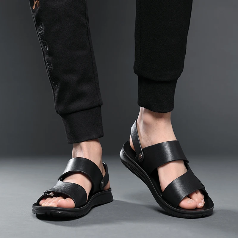 2021 New Men's Cowhide Summer Sandals Anti-Slip Quality Two Wearing Shoes Light Weight Leisure Man Beach sandals | Обувь
