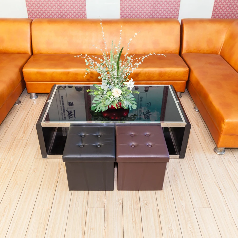 

F-02S Practical PVC Leather Square Shape Surface with Line Footstool Black-21742732