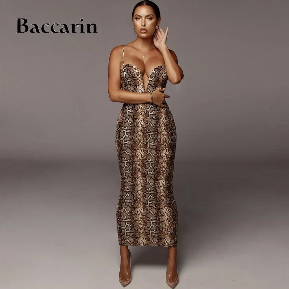 

snake print women midi dress strap bodycon sexy backless v neck party 2019 autumn winter festival clothing clubwear slim