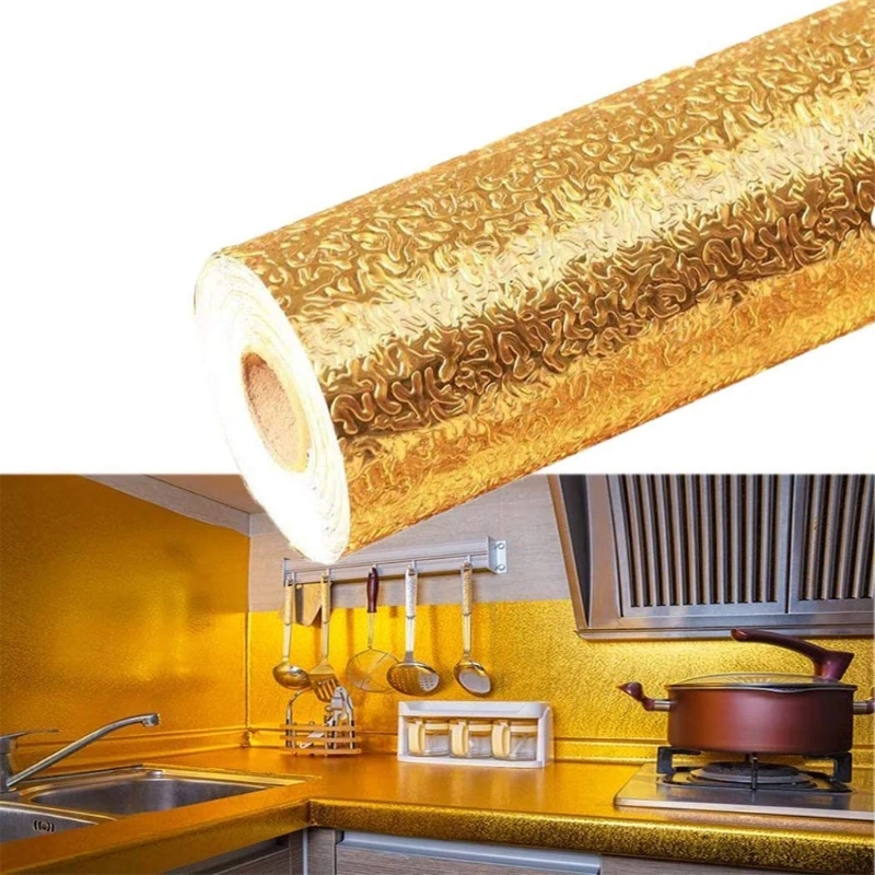 

Multipurpose Golden Aluminum Foil Sticker Oil Proof Waterproof Paper Kitchen Backsplash Wallpaper Stove Cabinet Liner Decor