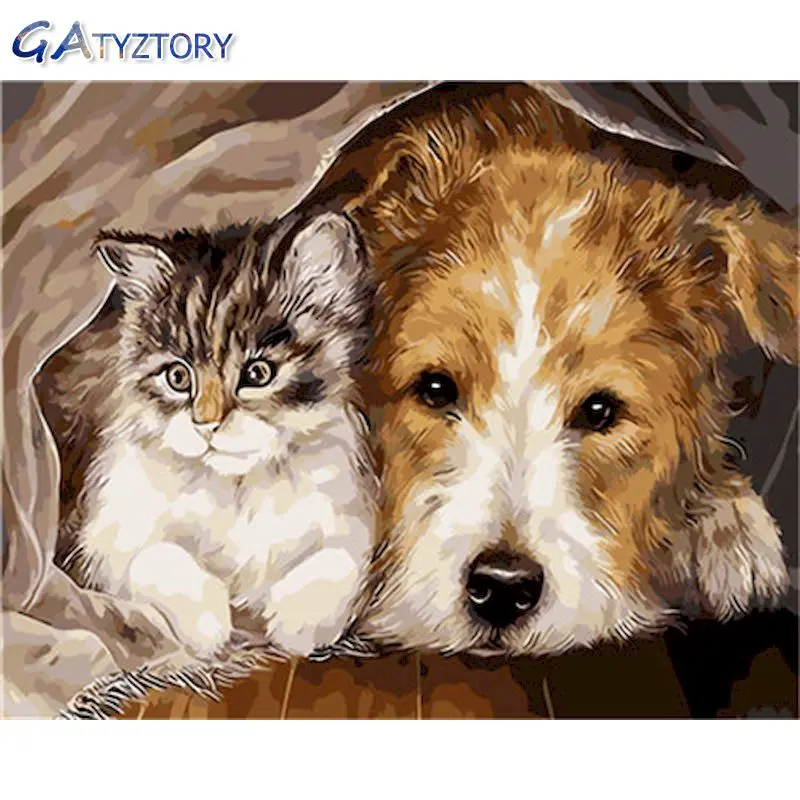 

GATYZTORY DIY Painting By Numbers Kitten and puppy paint by numbers for children picture frames wall photo frame 40x50cm photo f