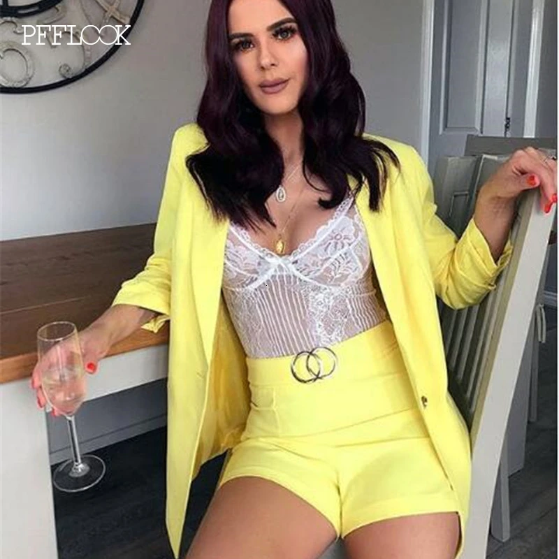 Цвет: желтый PFFLOOK летний комплект из двух предметов для работы OL пиджак и шорты женский комплект 2 шт. поясом с рукавом 3/4 Женский комплект из двух предметов - Цвет: Цвет: желтый
