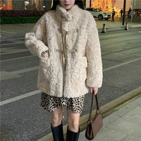 2021 winter new retro french thickened faux lamb wool jacket loose mid length fashion street long sleeve cotton coat outwear