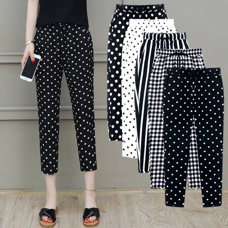 

2020 Summer New Women Trousers Plus Size 4XL Female Capris Plaid Calf-Length Pants Casual Dot Pants Drawstring Striped Pant G