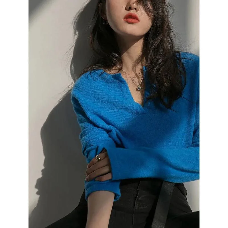 

Женский однотонный вязаный свитер, простой пуловер с открытым воротником, модный свободный и элегантный свитер для женщин на весну и осень