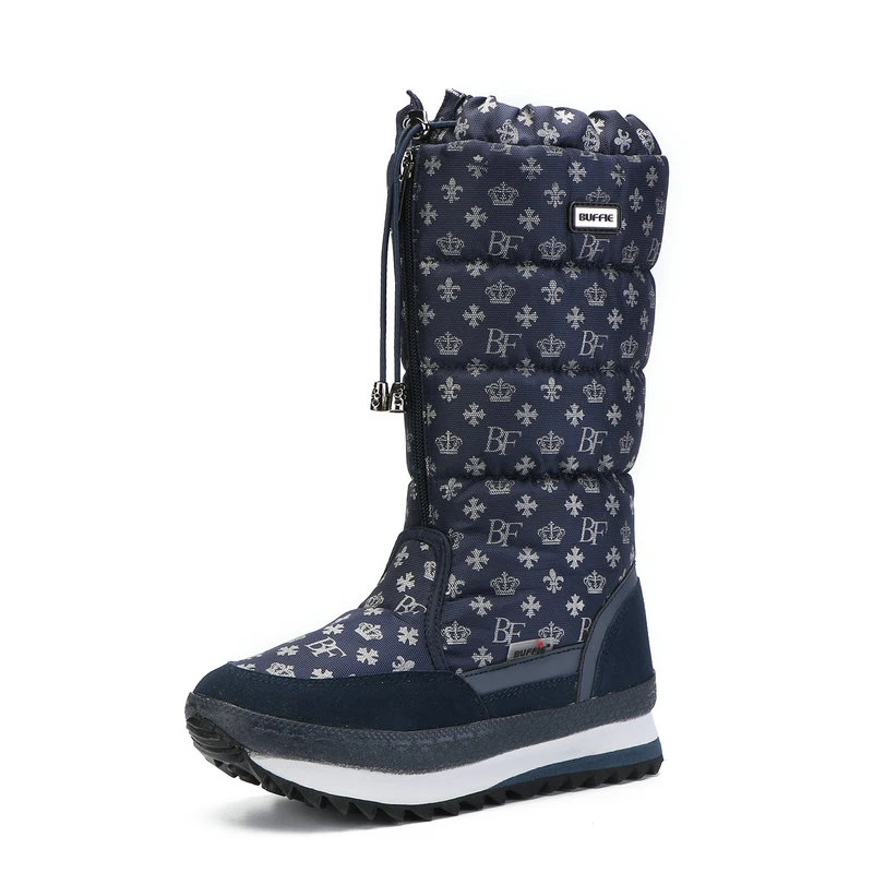 

Winter Snow Boots For Women Natural Fur Thicken Textile Silver Printing Shoes Mid-Calf Ankle Boots Non-slip Flat Size 35-42