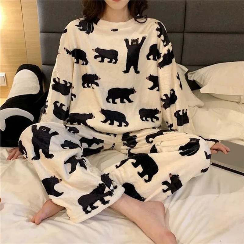 

Autumn Winter Women Sweet Pajama Sets Long Sleeve Top And Pants Panda Print Cute Coral Fleece Warm Sleepwear Girly Soft Pyjamas
