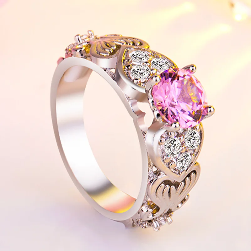 2/pc Romantic Heart Shape Crystal Engagement Wedding Ring for Women Pink/Red Gems Sets Ring for Anniversary Party Jewelry Gifts