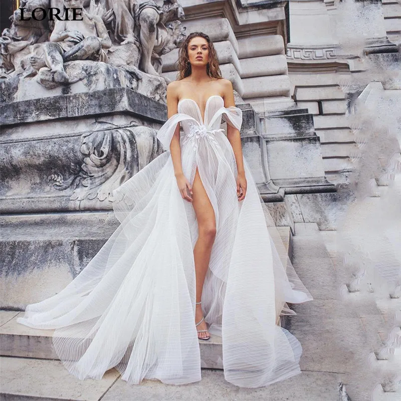 Свадебное платье в стиле бохо LORIE кружевное для невесты с высоким разрезом и