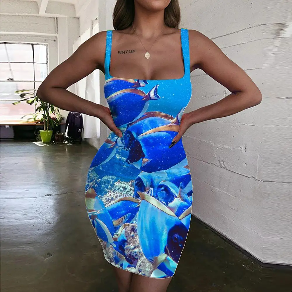 

KYKU Ocean Dress Women Fish Sundress Animal Halter Sleeveless Blue Bodycon Dress Womens Clothing Plus Size New Boho High Quality