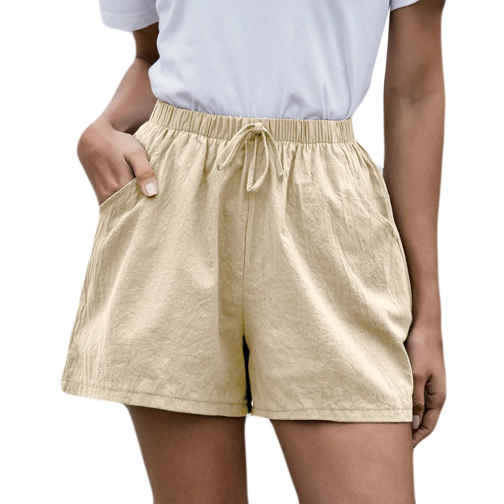 

Drawstring Solid High Waist Cotton And Linen Loose Casual Beach Pocket Short Streetwear wild Mujer Casual Women 2020