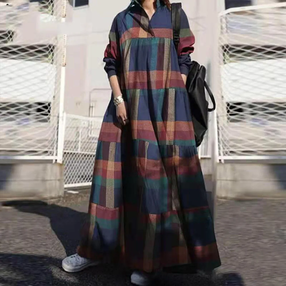 

Maxi Length Floral Pattern Long Sleeve Ladies Fashion Retro Spring Autumn A Line Plaid Dress Summer Loose Casual Women Clothes
