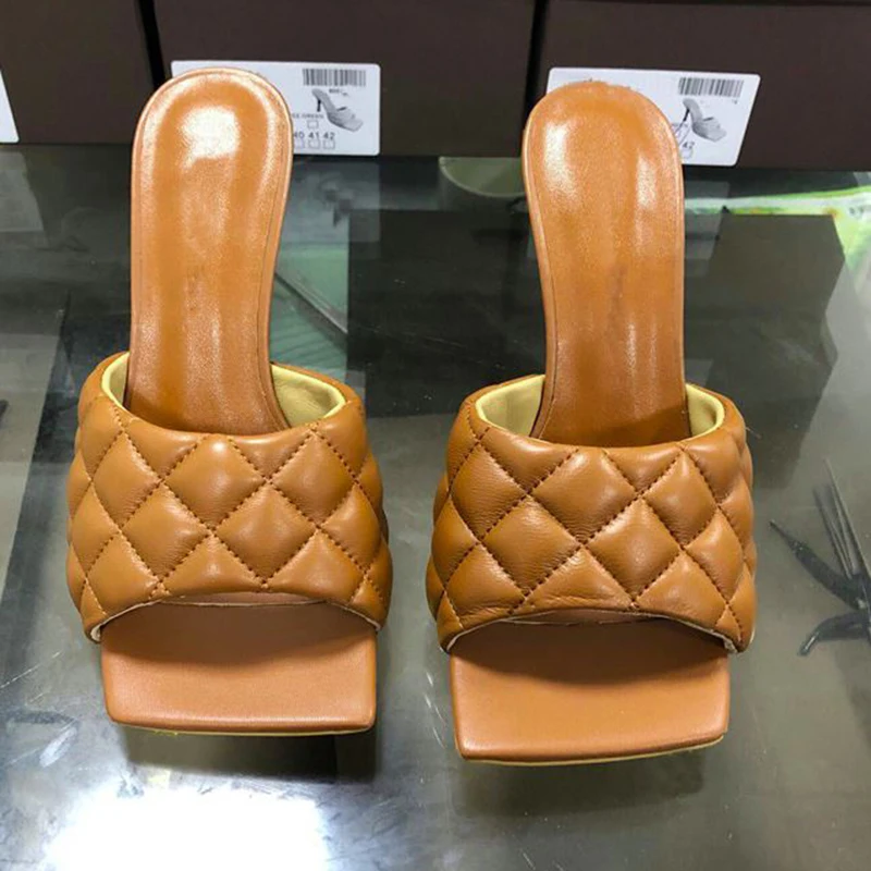 Женские шлепанцы из 100% натуральной кожи на высоком каблуке модные открытые