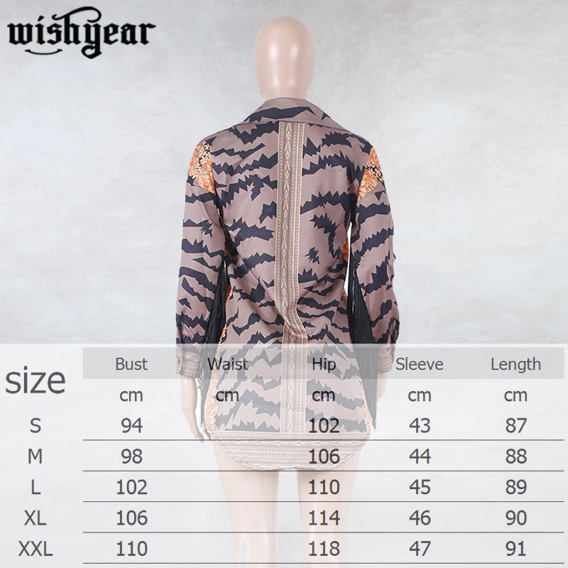 

Wishyear Turn Down Collar Slim Casual Blouse Mini Night Club Dresses Bandage Outfits Floral Print Tassel Long Sleeve Shirt Dress