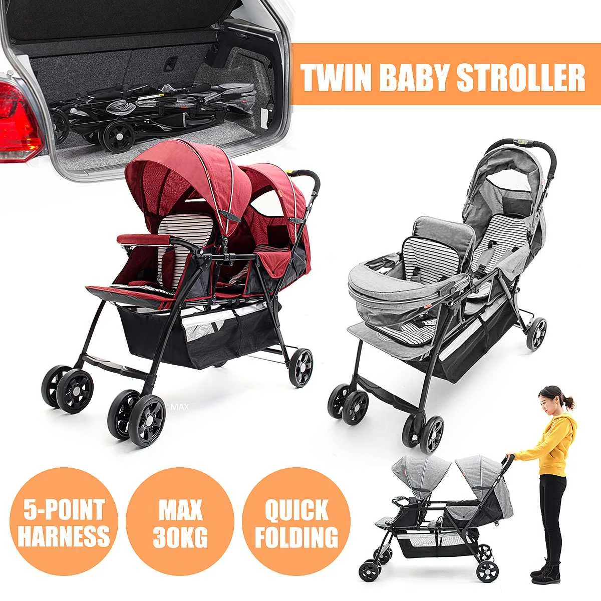 

Twin Baby Strollers Lightweight Folding Double 2 Seat Twins Baby Trolley Front And Back Tandem Stroller Car Kid Can Lie Flat