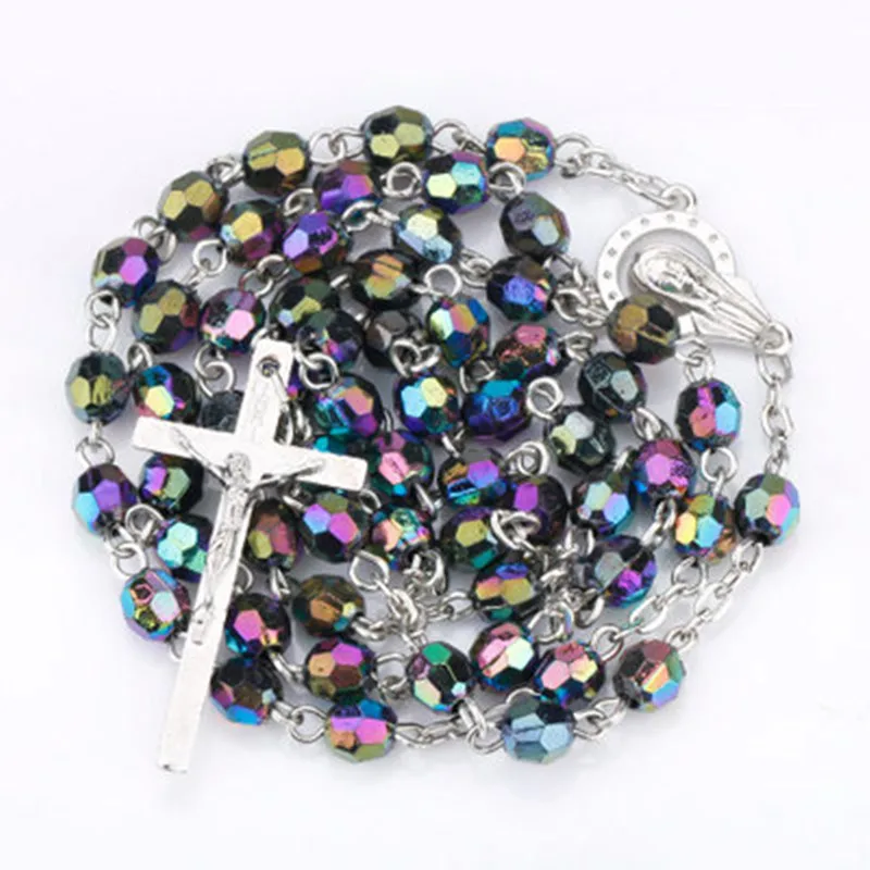 

Colorful Round Bead Rosary Pendant Alloy Cross Virgin Mary Centrepieces Necklace Christian Catholic Religious Jewelry