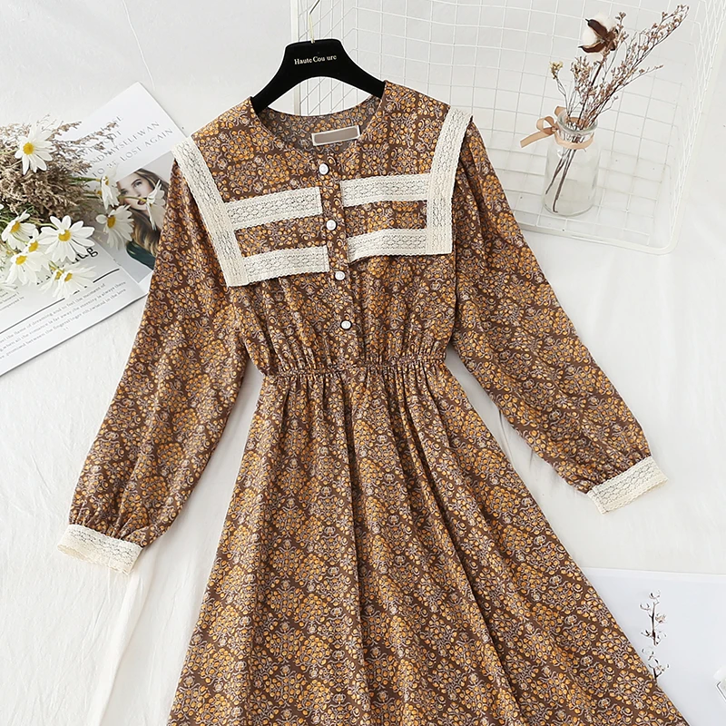 

2021 Spring Summer Floral Print Women Retro lapel neck Dresses Long Sleeve Chiffon Dress Fashion Single-breasted Female Dresses