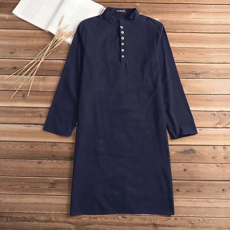 Рубашка мужская с длинным рукавом, мусульманская Повседневная хлопковая винтажная рубашка с воротником-стоечкой, индийская одежда, Пакист... от AliExpress WW