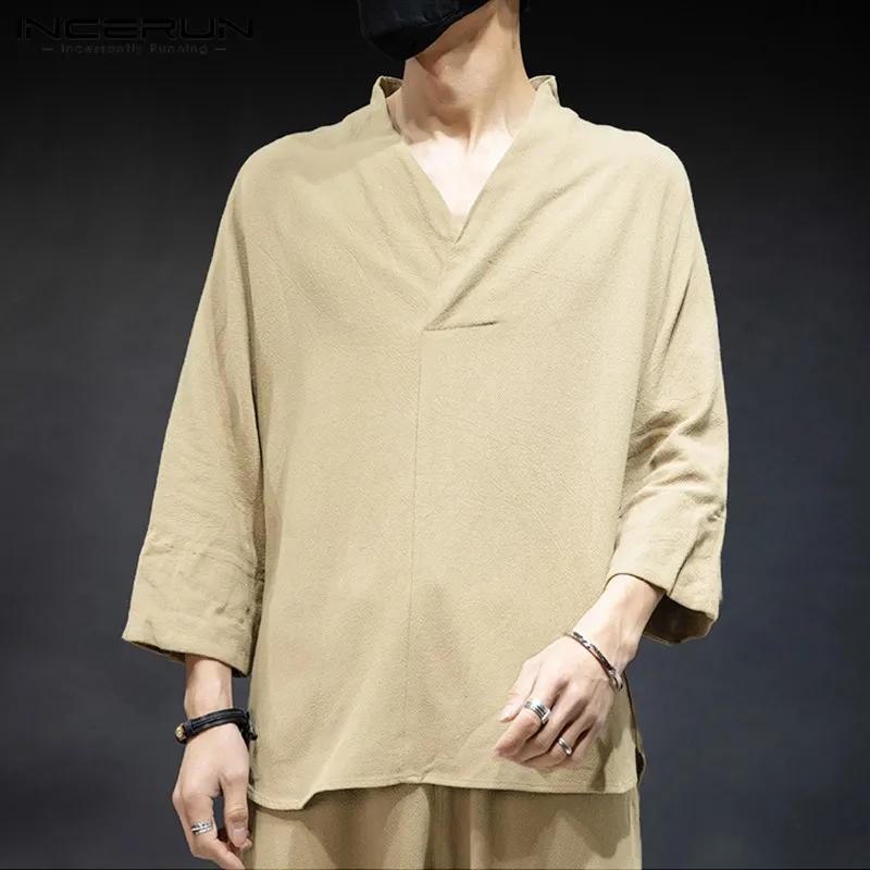 

2021 Men Sets Cotton Solid Color 3/4 Sleeve V Neck Shirts Vintage Streetwear Casual Pants Chinese Style Mens Suit INCERUN S-5XL