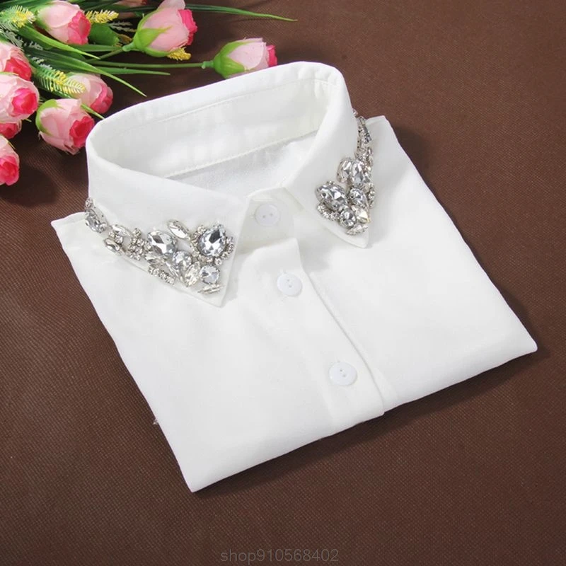 

Ladies Imitation Crystal Chiffon Fake Collars Jewelry Rhinestone Lapel Detachable Button Down Half-Shirt Blouse D02 12 Dropship